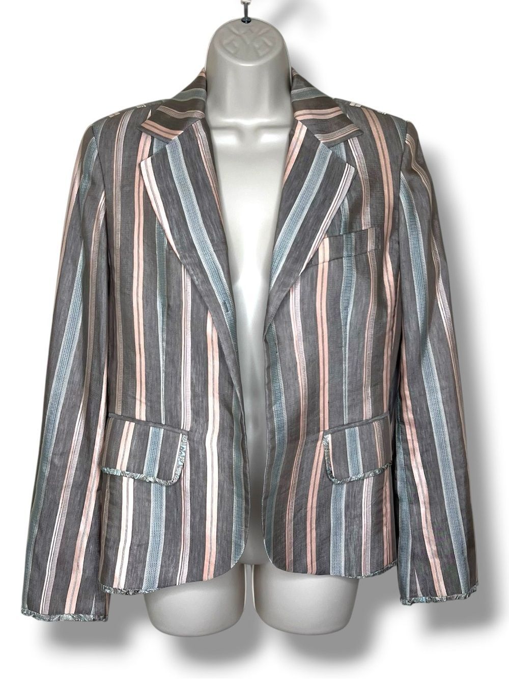 Eye Linen Blend Striped Blazer Jacket Women 8 Gray Pink Blue Open Front Paisley